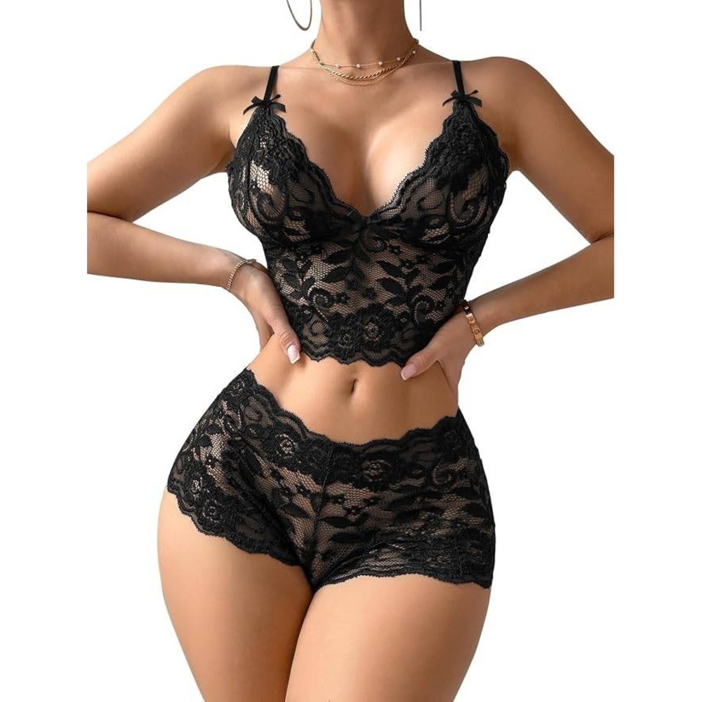 MSRP $23 Lilosy Women's M Sexy Floral Lace Pajama Lingerie Set High Waist Bra